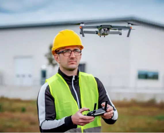 An engineer launches a drone. Austin Engineering performs drone surveys in Bettendorf IA.